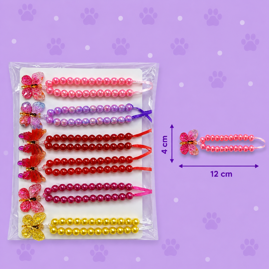 Colar Pet Pérolas com Borboletas Coloridas — pacote c/ 10