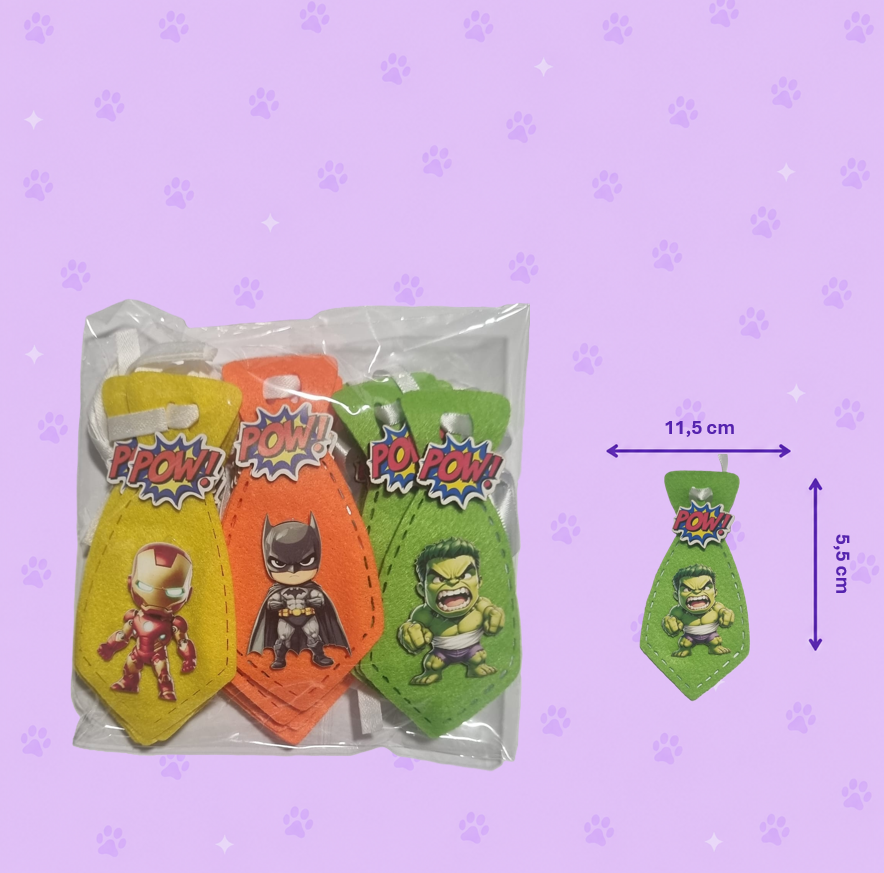 Gravata Pet de Feltro Super-Heróis — pacote c/ 15