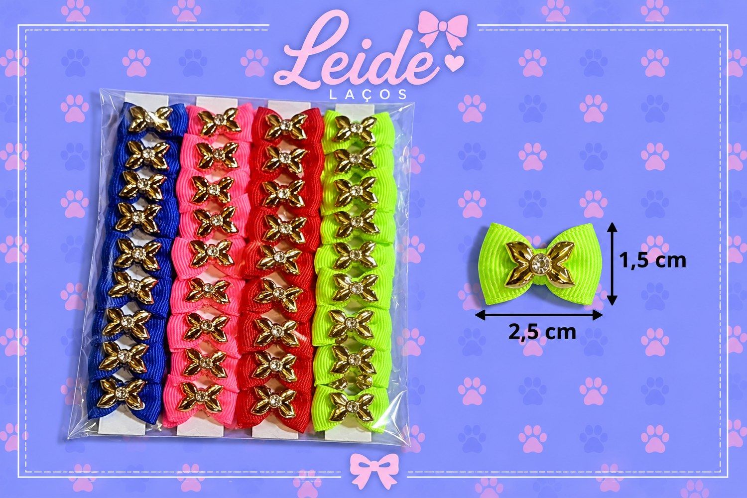 Laço Micro Botão dourado com strass — pacote c/ 40
