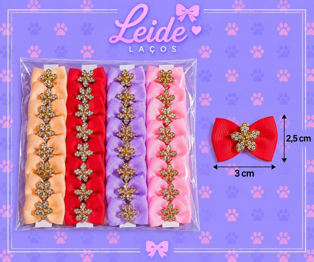 Laço Pequeno Flores em strass — pacote c/ 32