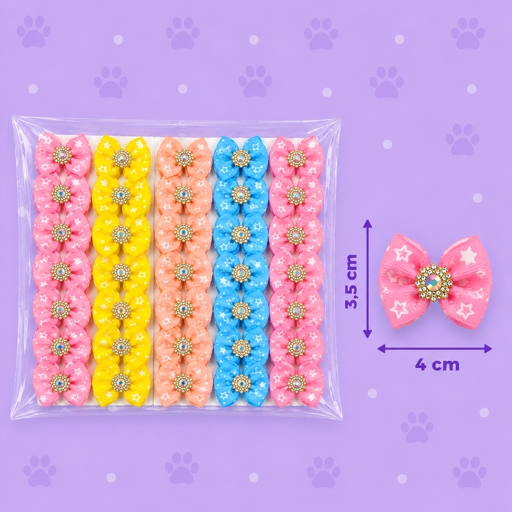 Laço Pet Estrela Colorido com Strass — pacote c/ 30